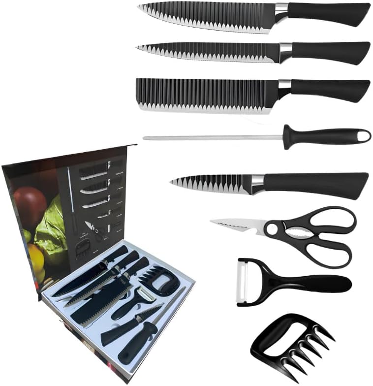 Kit Churrasco Conjunto Profissional de 8 Peças Facas Linha Gourmet Corte Navalha Antiaderente Para Churrasco kit Premium - Preto - Ideal para Presentear