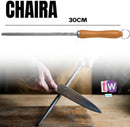 Kit para Churrasco 4 Peças, Faca, Garfo 26cm, Chaira, Tábua de Bambu com Sulco e Alça em Aço