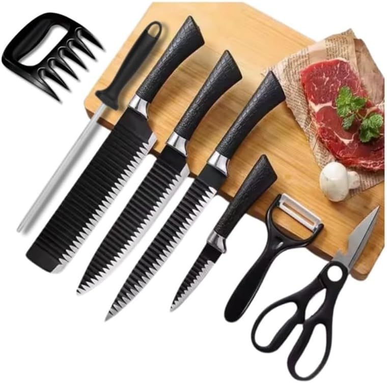 Kit Churrasco Conjunto Profissional de 8 Peças Facas Linha Gourmet Corte Navalha Antiaderente Para Churrasco kit Premium - Preto - Ideal para Presentear