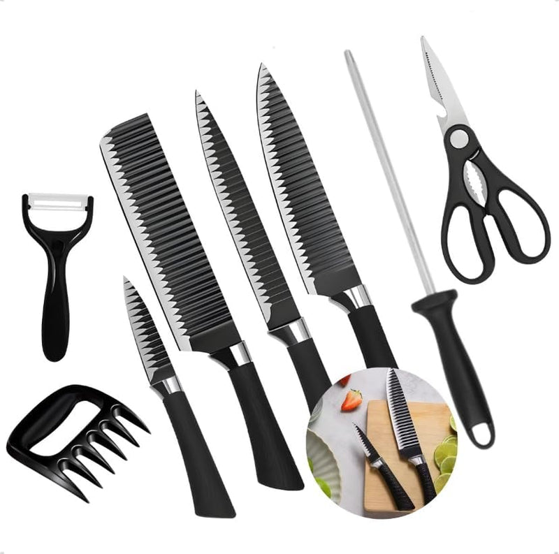 Kit Churrasco Conjunto Profissional de 8 Peças Facas Linha Gourmet Corte Navalha Antiaderente Para Churrasco kit Premium - Preto - Ideal para Presentear