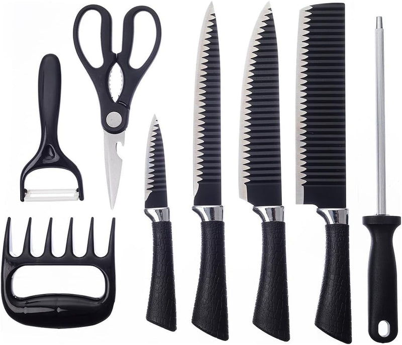 Kit Churrasco Madeirado Marrom Conjunto de 08 Peças Facas Gourmet Corte Navalha Antiaderente Premium T2X Soluções