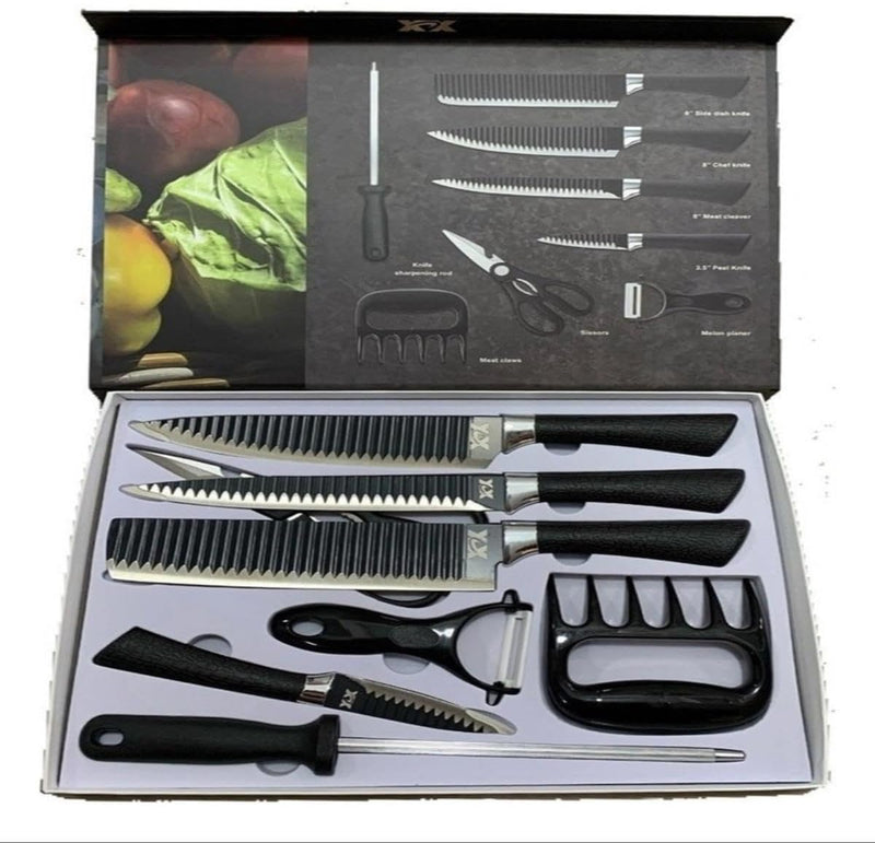 Kit Churrasco Conjunto Profissional de 8 Peças Facas Linha Gourmet Corte Navalha Antiaderente Para Churrasco kit Premium - Preto - Ideal para Presentear