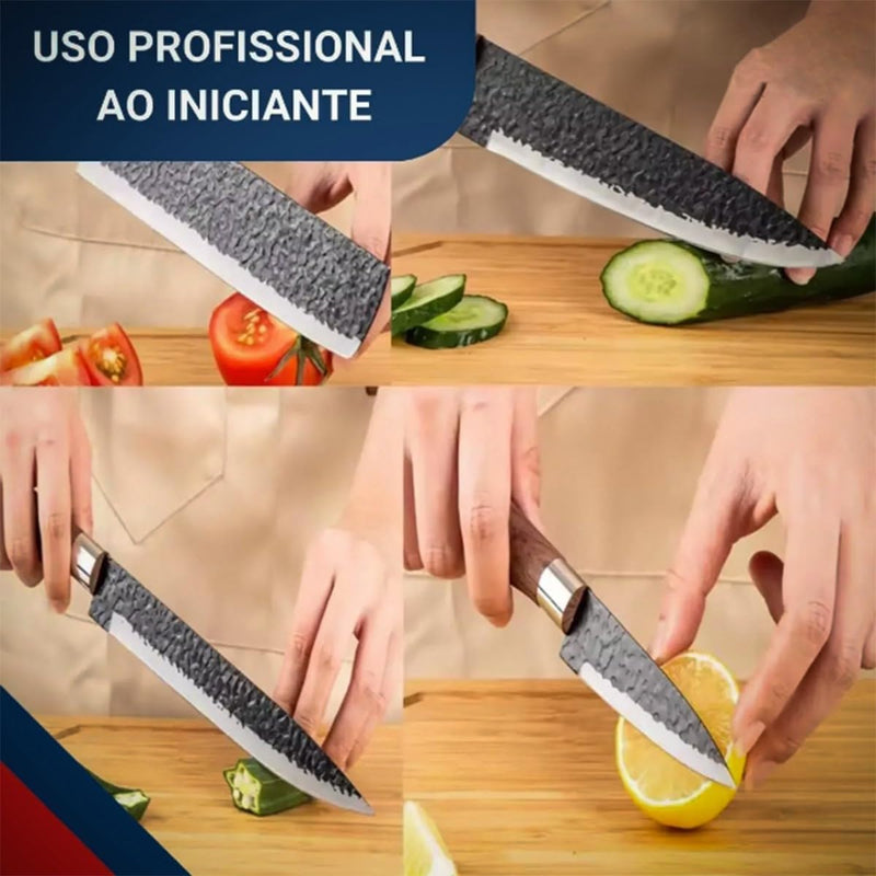 Kit Churrasco Madeirado Marrom Conjunto de 08 Peças Facas Gourmet Corte Navalha Antiaderente Premium T2X Soluções