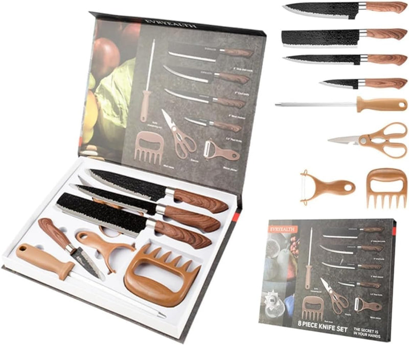 Kit Churrasco Madeirado Marrom Conjunto de 08 Peças Facas Gourmet Corte Navalha Antiaderente Premium T2X Soluções