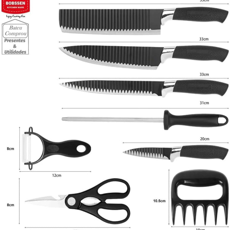 Kit Churrasco Conjunto Profissional de 8 Peças Facas Linha Gourmet Corte Navalha Antiaderente Para Churrasco kit Premium - Preto - Ideal para Presentear