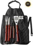 Kit Churrasco Completo 8 Peças em Inox e Cabo de Madeira, com Estojo Avental Faca Garfo Pegador Espátula Saleiro Paliteiro e Luva FLA BLESS