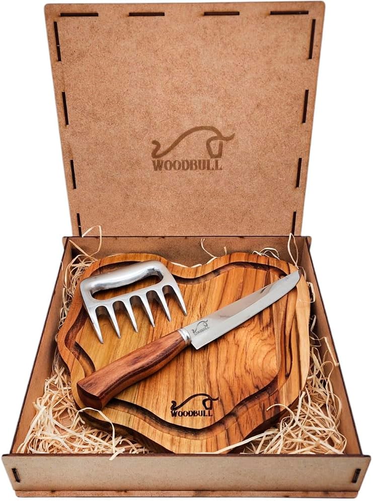 Kit Churrasco Edição Especial, com Ferramentas para Preparar e Servir Carnes com Estilo, Ideal para Churrascos, Festas e Presente, Tábua Artesanal, Faca Inox 7" e Garra de Urso – WOODBULL.