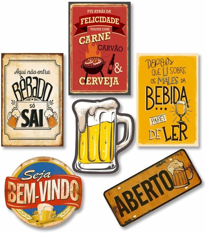 Kit com 6 placas decorativas em MDF - Churrasco - Bebidas - Cerveja