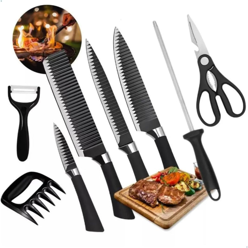 Kit Churrasco Conjunto Profissional de 8 Peças Facas Linha Gourmet Corte Navalha Antiaderente Para Churrasco kit Premium - Preto - Ideal para Presentear