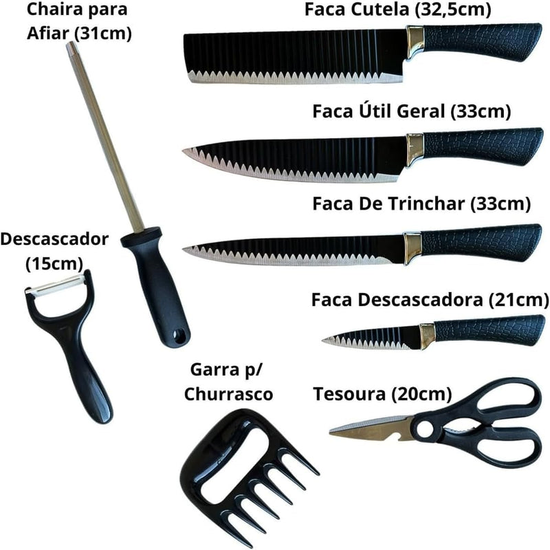 Kit Churrasco Madeirado Marrom Conjunto de 08 Peças Facas Gourmet Corte Navalha Antiaderente Premium T2X Soluções