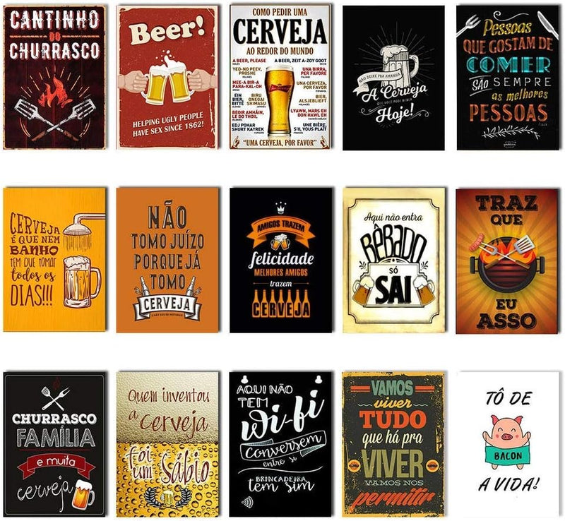 Kit 15 Placas Quadros Decorativos Tema Churrasco Bebidas
