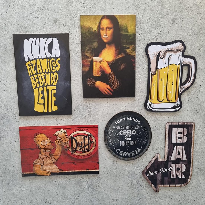 Kit com 6 placas decorativas em MDF - Churrasco - Bebidas - Cerveja