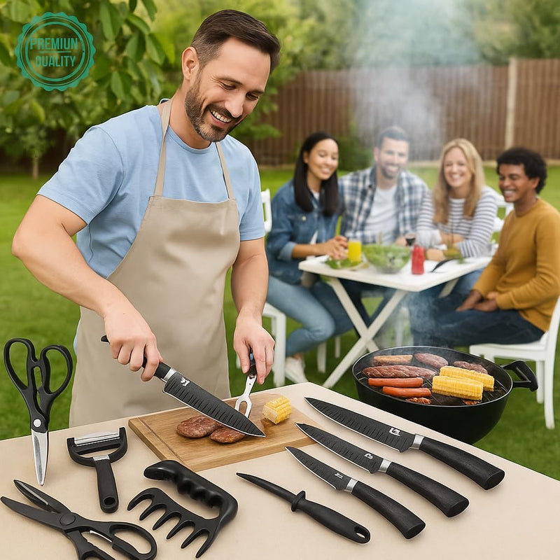 Kit Churrasco Conjunto Profissional de 8 Peças Facas Linha Gourmet Corte Navalha Antiaderente Para Churrasco kit Premium - Preto - Ideal para Presentear