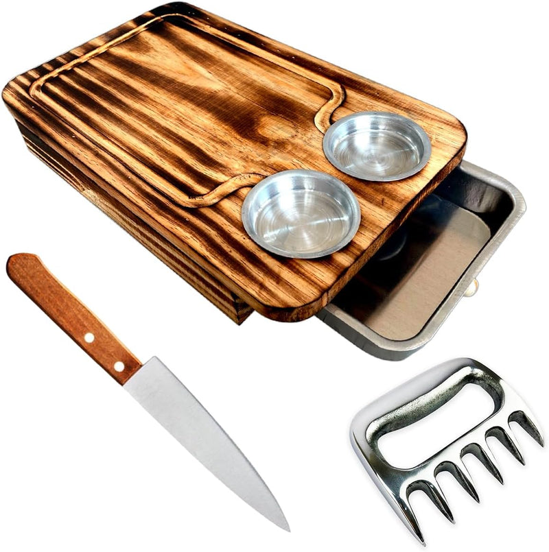 Kit Churrasco Premium com Tábua de Madeira Desenhada, 2 Potes Removíveis, Faca e Garra de Urso para Carne