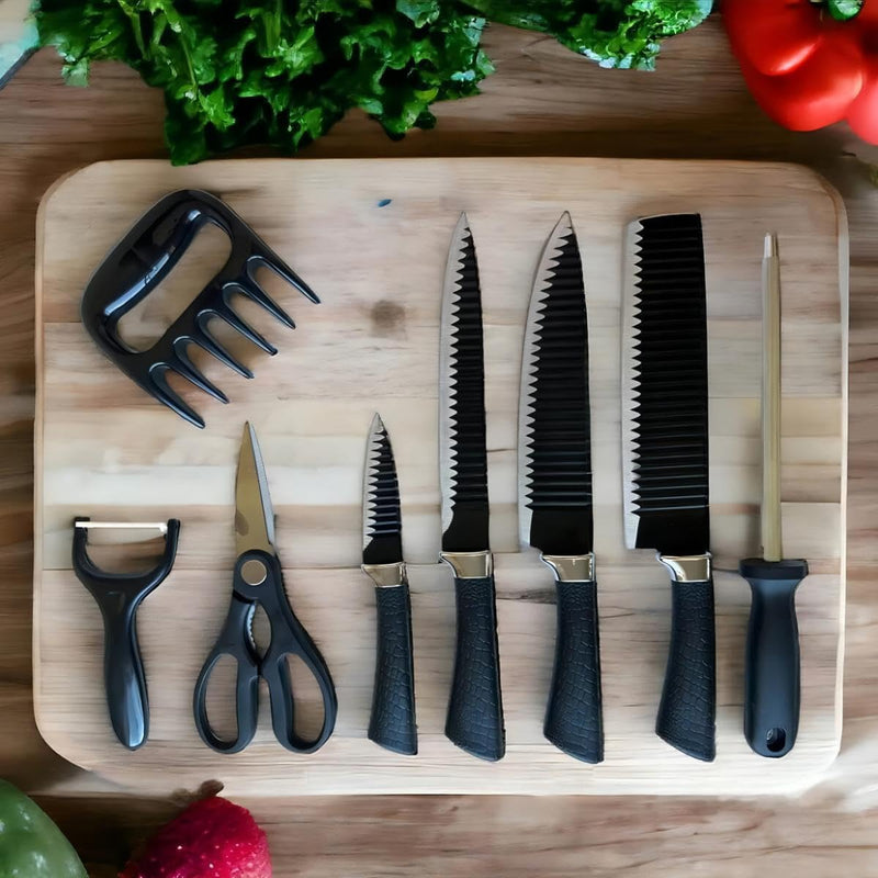 Kit Churrasco Conjunto Profissional de 8 Peças Facas Linha Gourmet Corte Navalha Antiaderente Para Churrasco kit Premium - Preto - Ideal para Presentear
