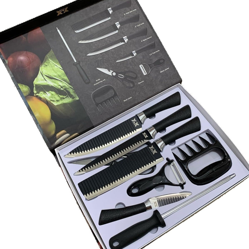 Kit Churrasco Madeirado Marrom Conjunto de 08 Peças Facas Gourmet Corte Navalha Antiaderente Premium T2X Soluções