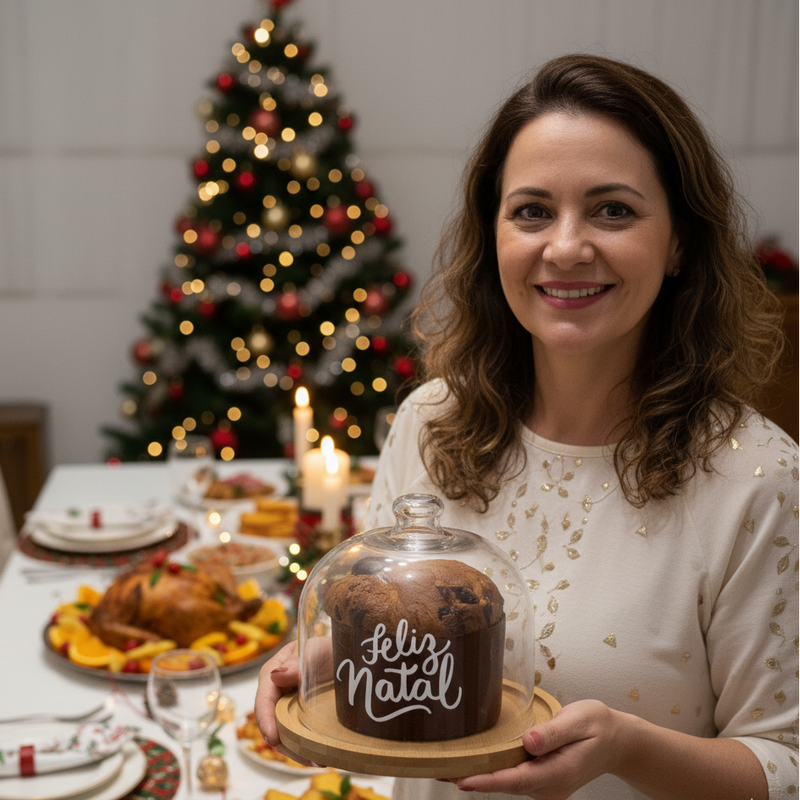 Cúpula Natalina de Bambu e Vidro – Porta Panetone Elegance - OFERTA ESPECIAL